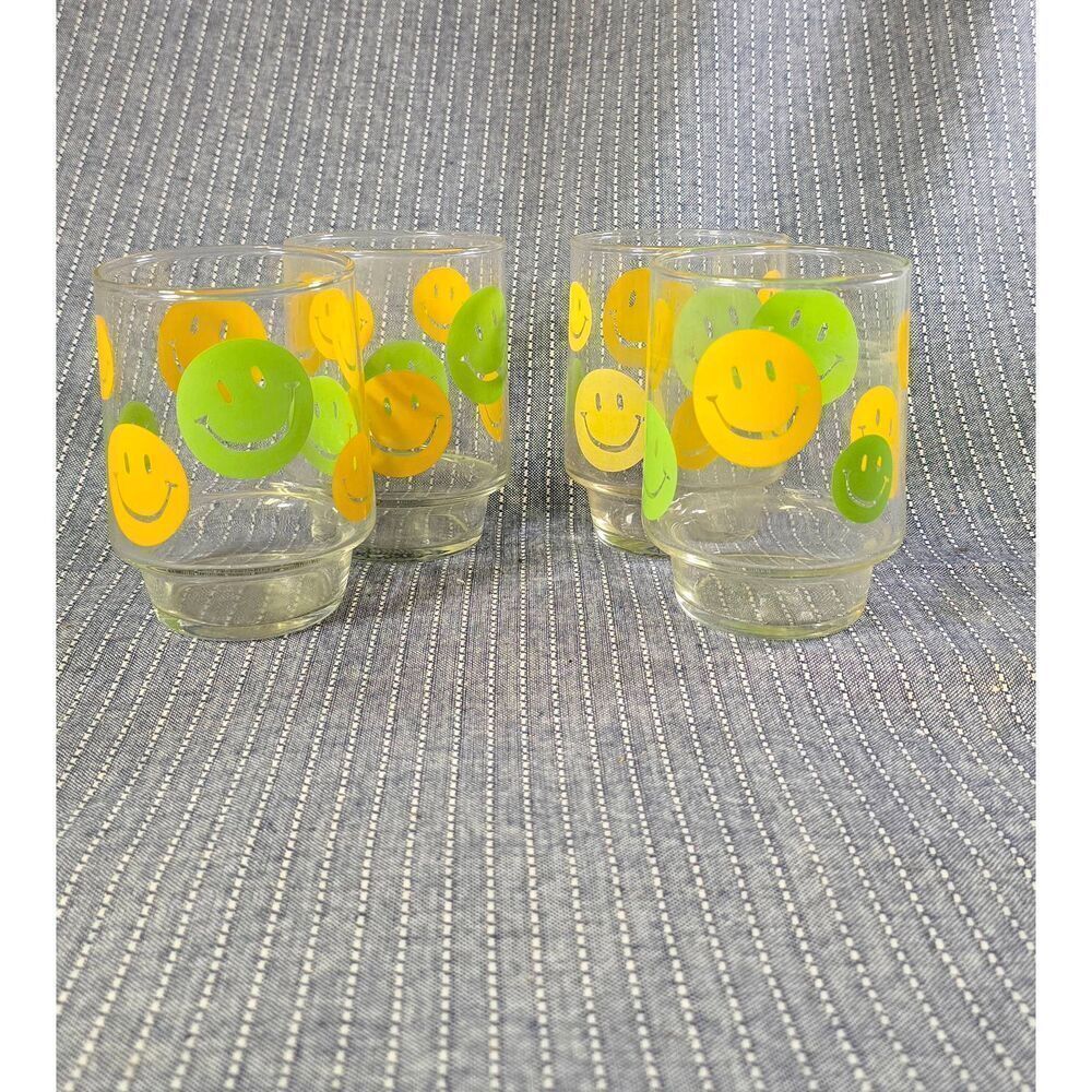 Vintage Libbey 1960s Yellow & Green Smiley Face Stackable (4) Glass Tumblers